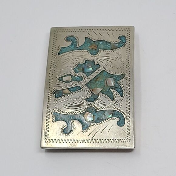 Alpaca Mexico Vintage Handcrafted Silver Belt Buckle With Abalone Turquois Inlay - Picture 4 of 6
